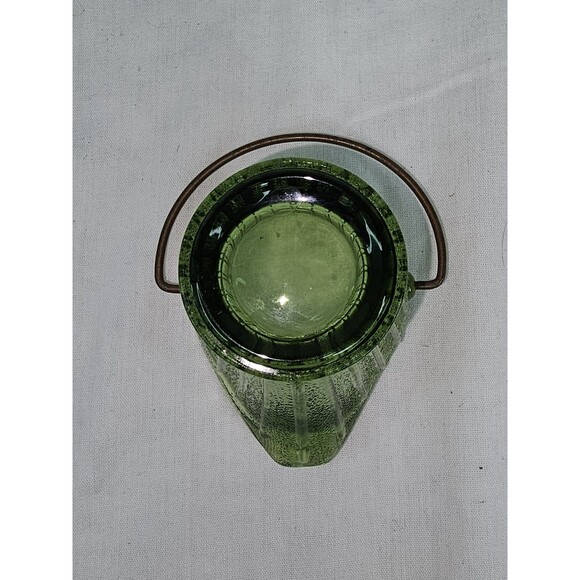 Vintage Green Ribbed Glass “Wash Bucket” Basket Metal Handle Mid-Century Decor - Picture 10 of 10